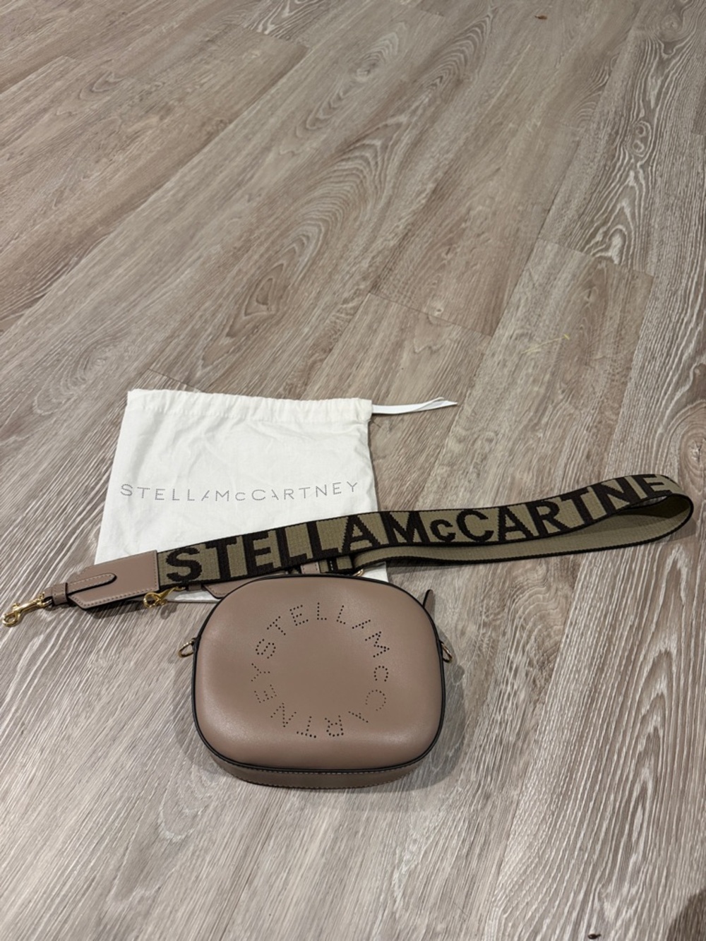 Stella McCartney Taupe Round Crossbody with Branded Webbing Strap